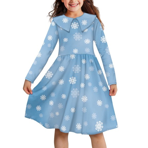 DISNIMO Girl Snowflake Christmas Dress Girls Blue Long Sleeve Dress Kids Girls Casual Dresses Size 5-6 Girl Dresses with Collar Dress for Girls Fall Swing Dress Girl Midi Dresses Girls Teen