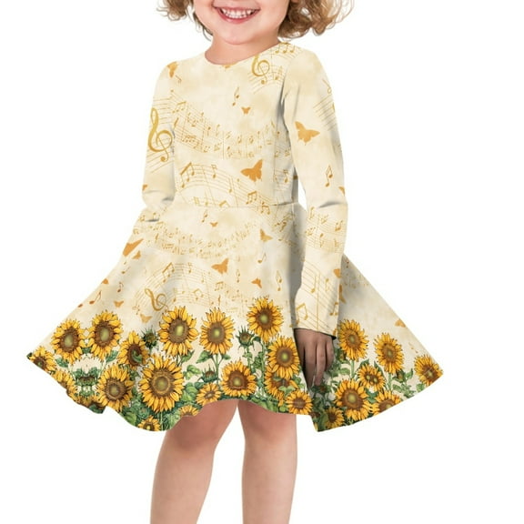 DISNIMO Girl Sunflower Dresses for Girls 11-12 Butterfly Print Dress for Girls Music Note Dress Kids Long Sleeve Skater Dress Girls School Skater Dress Child Mini Dress Girls Kids Dress Fall Girls
