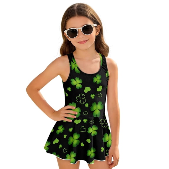 DISNIMO Girl Swimsuit Shamrock Heart Print One-Piece Swimwear Skirted Sleeveless Bathing Suit Soft U Neck Swim Dress Hawaiian Summer Swimdress for Beach Pool Party