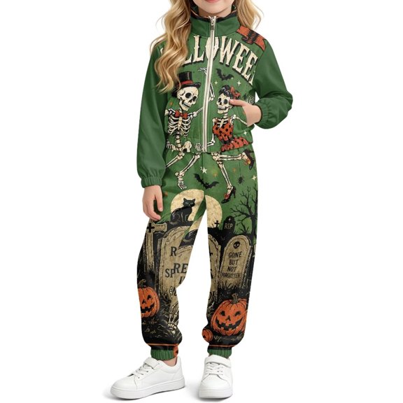 DISNIMO Girls 2 Pcs Tracksuit Skeleton Cat Printed Zip Up Girls' Jacket Track Pants Set with Pockets Halloween Hip Hop Dance Clothes, 4-13 Years