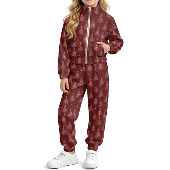 DISNIMO Girls 2 Piece Tracksuit Christmas Tree Print Zip‑Up Sweatsuit and Pant Set with Pockets 80s 90s Style Hip Hop Dance Outfits Streetwear 4‑13 Years