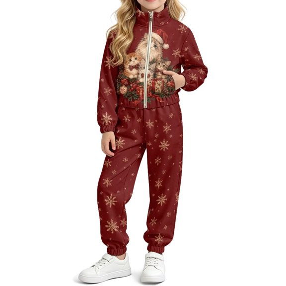 DISNIMO Girls 2 Piece Tracksuit Zip Up Sweatsuit Christmas Sportwear, Christmas Cat Snowflake Print Athletic Sweatsuit Sportwear with Side Pockets, Hip Hop Dance Clothes, for Girls 4-13 Years