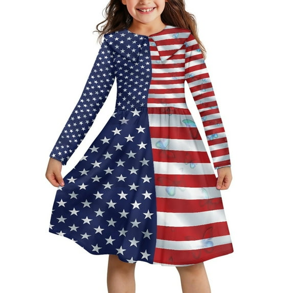 DISNIMO Girls American Flag Dress Long Sleeve for Girls Collared Dress Fall Kids Dresses 9-10 Long Sleeve Midi Dress Girls Twirl Skater Dress for Girls Swing Dress Independence Day Dresses Girls