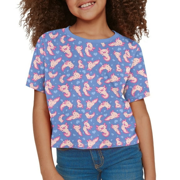 DISNIMO Girls Axolotl Tee Shirts Kids Girls Heart Crop Top Kids Pullover Shirt for Girls 13-14 Shirts for Children Tees Graphic Tops for Girls Crew Neck Tee Shirt Girl Cute Clothes Youth Summer
