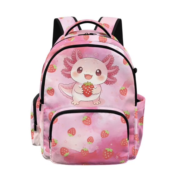 DISNIMO Girls Backpack Axolotl Strawberry Print 17-Inch Lightweight School Bookbag with Laptop Compartment & Water Bottle Side Pockets for Elementary Preschool, Back to School Supplies