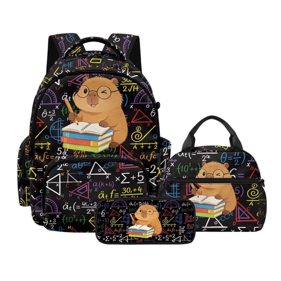 DISNIMO Girls Backpack, Capybara Maths Print 3Pcs Backpack Set with Insulated Lunch Bag & Pencil Pouch, Large Capacity Bookbag Set for School, Back to School Gifts
