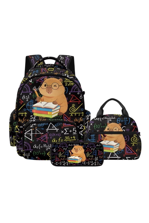 Girls Backpack, Capybara Maths Print 3Pcs Backpack Set with Insulated Lunch Bag & Pencil Pouch, Large Capacity Bookbag Set for School, Back to School Gifts