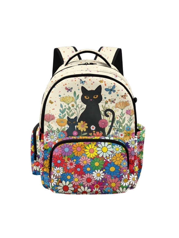 Girls Backpack Cat Butterfly Daisy Printed 17 Inch Large Capacity School Bags with Front Zipper Pockets Lightweight School Backpack Travel Knapsack