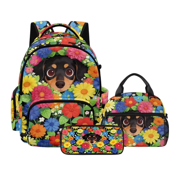 DISNIMO Girls Backpack, Dachshund Floral Print Kids School Backpack with Insulated Lunch Box Set, 17 Inch Large Schoolbag Set with Pencil Case