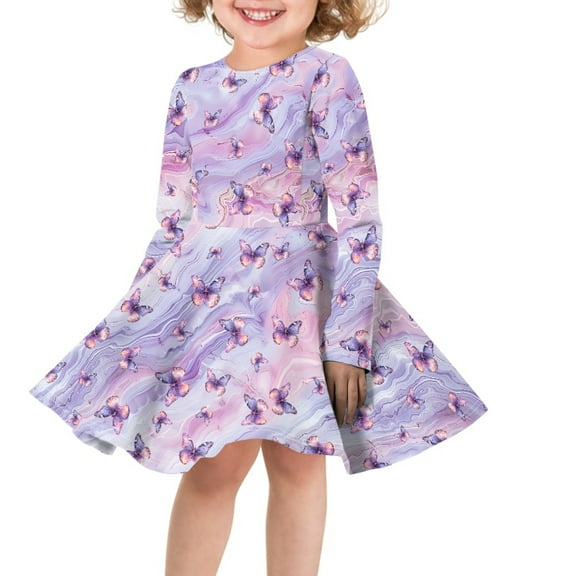 DISNIMO Girls Butterfly Print Dress for Girls Marble Dress Girls Casual Midi Dress for Little Kids Dresses for Girls Dresses Age 7-8 Fall Dress for Little Girls Fall Midi Dress Long Sleeve Kids