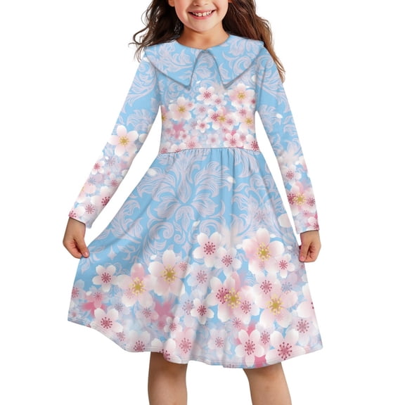 DISNIMO Girls Cherry Blossom Dress for Kids Blue Long Sleeve Dress for Girls 13-14 Dresses with Collars for GirlsDresses Fall Girls Casual Dresses for agers Girls Twirly Dress Kids