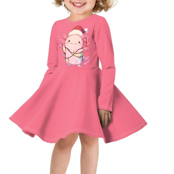 DISNIMO Girls Christmas Axolotl Dress Kids Pink Dress for Girls Long Sleeve Winter Dress Kids Girl Dresses 15-16 Years Girls Crew Neck Dress for Teens Swing Midi Dress for Children Church Dresses