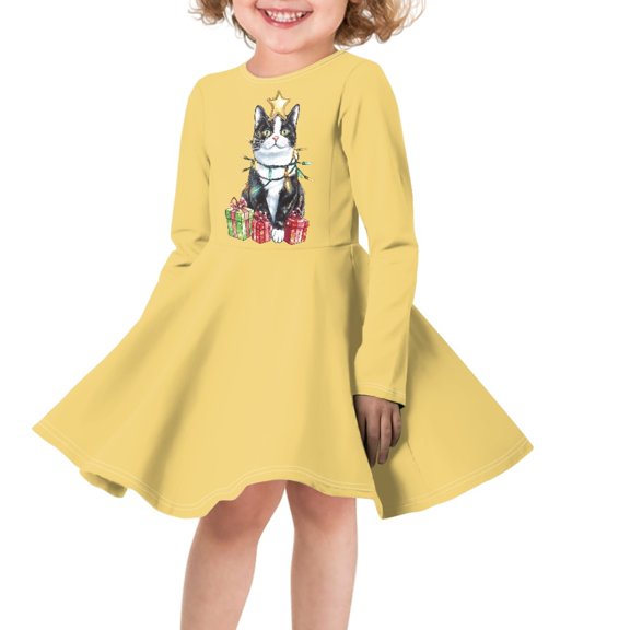 DISNIMO Girls Christmas Cat Dress for Girls Long Sleeve Yellow Dress Girls Size 5/6 Winter Dresses Kids Casual Fall Dress Children School Dress Girls Long Sleeve Twirl Dress for Child Dance Dress