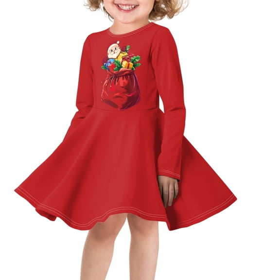 DISNIMO Girls Christmas Santa Claus Dress Kids Red Dress Long Sleeve Dress Girls 3-4 Dresses for Children Fall Swing Dress Girls Loose Casual Holiday Midi Dress Kids Girls Crew Neck Dress Skater