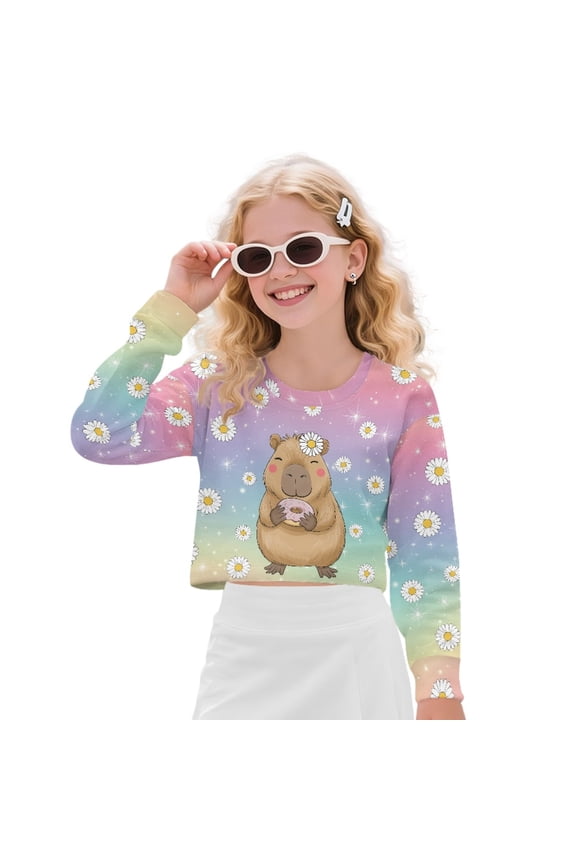 Girls Crop Tops Capybara Daisy Printed Kids Long Sleeve Tee Shirts Cute Fashion Sweatshirt Pullover Tops