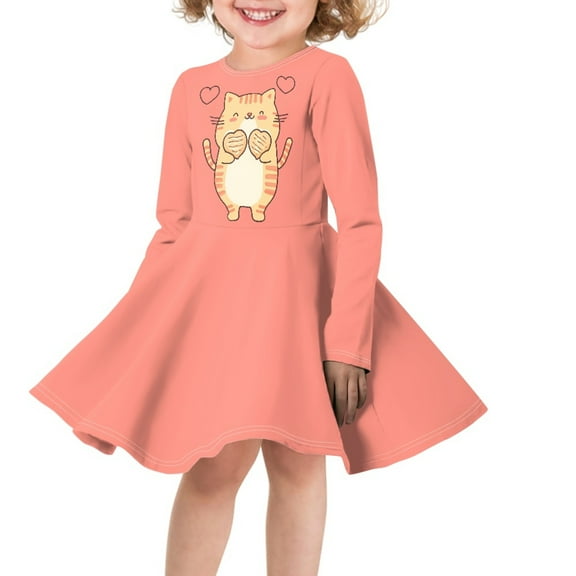 DISNIMO Girls Cute Cat Dress for Kids Heart Dress for Girls Dresses Size 15-16 Long Sleeves Dresses for Girls Long Sleeve Skater Dress for Teen Girls Midi Dress Fall Swing Dress Girls Casual Dress