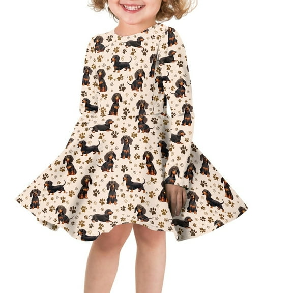 DISNIMO Girls Dachshund Dress for Girls Paw Print Dress Kids Fall Long Sleeve Dresses Girls Size 11-12 Dresses for Girls Round Neck Dress for Children Girls Swing Dress Long Sleeve Midi Dress Kids