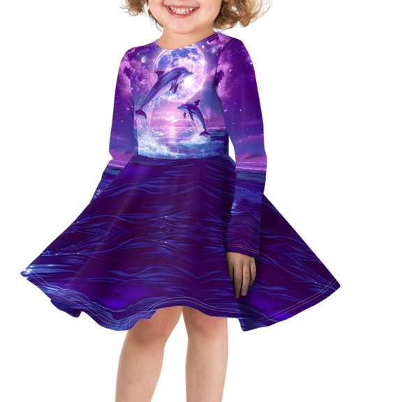 DISNIMO Girls Dolphin Dress Kids Galaxy Dress for Girls Long Sleeve Twirl Dresses for Girls Purple Midi Dress Children Girls Travel Dress Casual Girl Fall Long Sleeve Dress for Girls 9-10 Dresses