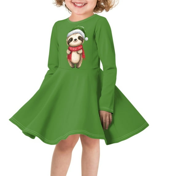 DISNIMO Girls Green Christmas Dresses Kids Girls Sloth Dress Kids Girls Dresses Winter Long Sleeve Dress for Girls 3-4 Dresses Children Skater Dress Kid Beach Dress for Photoshoot Dress Little Girl
