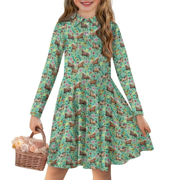 DISNIMO Girls Horse Dress Long Sleeve Flower Dress Kids 7-8 Year Old Girl Dresses Long Sleeve Collar Dress for Kid Girls Button Down Midi Dress for Children Skater Dress Kid Clothes Dress Girl