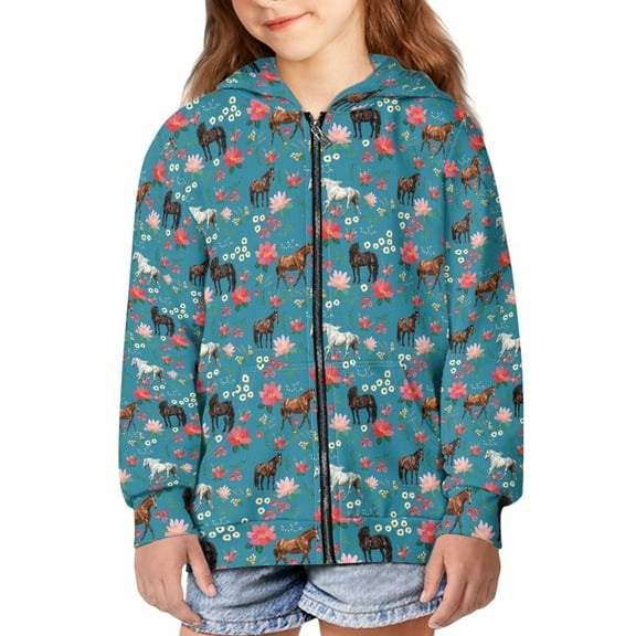DISNIMO Girls Horse Zip Up Hoodie Kids Flower Hoodie Boys 6-7 Hoodies Jacket for Girls Hooded Sweatshirt Girl Streetwear Hoodie Sweatshirts for Girls Casual Hoodie Jackets Little Kids Soft Clothes