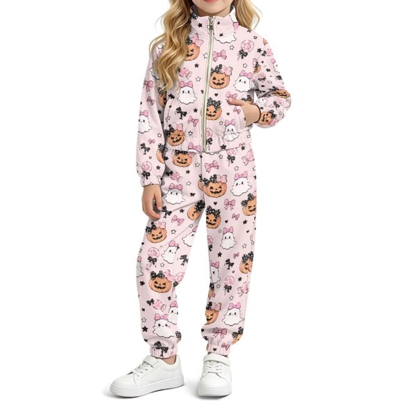 DISNIMO Girls' Jacket Track Pants Sets Halloween 2 Piece Sweatsuit, 2 Piece Hip Hop Dance Clothes Streetwear, Halloween Pumpkin Ghost Printed Athletic Outfits, Full Zip Jacket & Jogger Pants