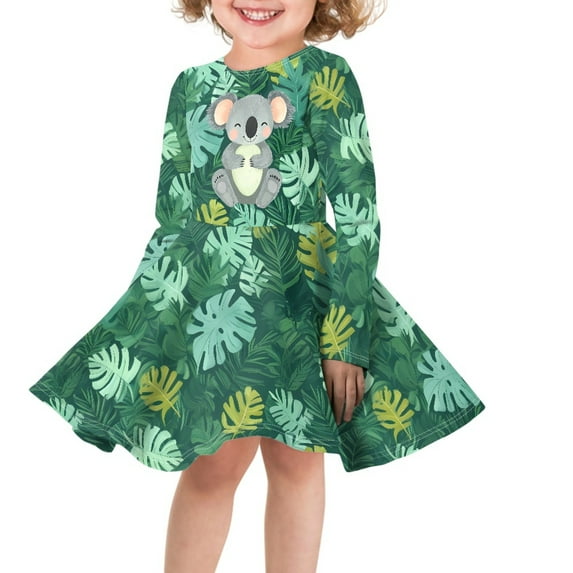 DISNIMO Girls Koala Long Sleeve Dress for Girls Palm Leaf Dress Girls Casual Fall Dress for Girls 13-14 Long Sleeve Dresses for Girls Twirling Dress Children Dress Clothing for Girls Dresses Teens