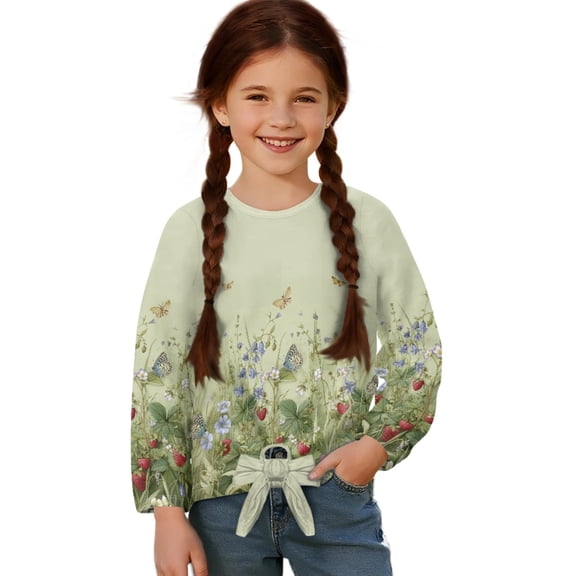 DISNIMO Girls Lace Blouse Butterfly Floral Printed Kids Long Sleeve Shirts with Tie Hem Soft Crewneck Pullover Tops Casual Loose Tunic Blouse Shirt