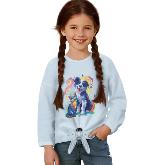 DISNIMO Girls Lace-up Long Sleeve Tops Border Collie Print Comfy Crew Neck Pullover Tops Casual Loose Blouse T-Shirts Fall Winter Clothes for 5-12 Year Old Girls