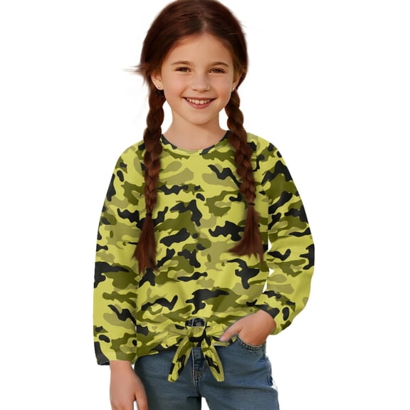 DISNIMO Girls Lace-up Tops Camouflage Print Long Sleeve Pullover Casual Crew Neck Blouse Shirts Loose Fits Tops Fall Winter Clothes for Teens
