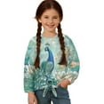 thumbnail image 1 of DISNIMO Girls Long Sleeve Shirts Peacock Flower Printed Casual Crew Neck Lace-up Pullover Tops Soft Casual Tee Shirt with with Tie Hem Loose Fits Blouse Tops, 1 of 8