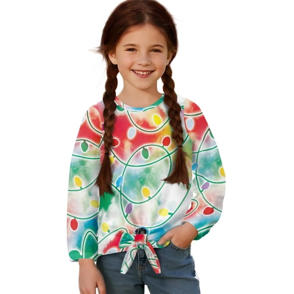 DISNIMO Girls Long Sleeve Tops Christmas Light Bulb Print Girls Lace-up Crew Neck Tee Shirts Loose Fit Pullover Top Fall Winter Outfits Soft Blouse