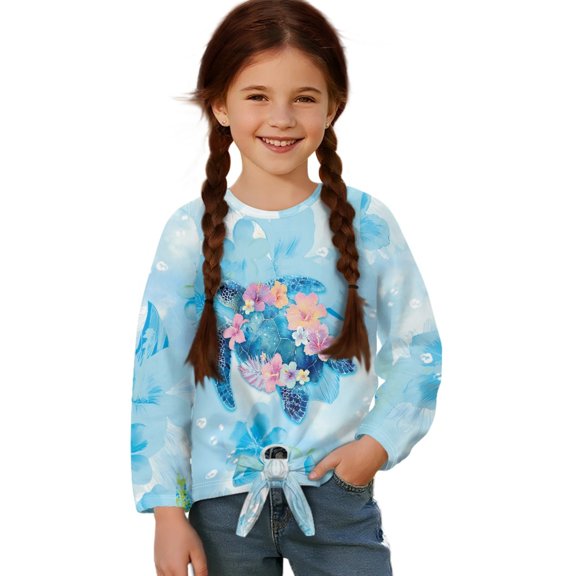 DISNIMO Girls Long Sleeve Tops Sea Turtle Hibiscus Printed Kids Crew Neck Tee Casual Soft Pullover Tops Loose Fit Blouse Shirt with Tie Hem