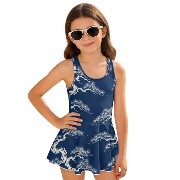 DISNIMO Girls One Piece Swimsuits Flower Print Soft U Neck Swim Dress Sleeveless Bathing Suit with Skirt Quick Dry Swimwear Hawaiian Beach Swimdress for Kids Girls