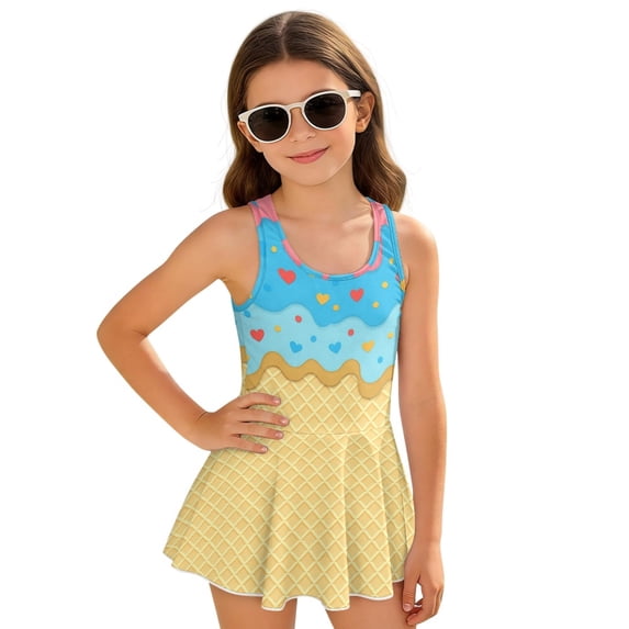 DISNIMO Girls One Piece Swimsuits Ice Cream Printed Kids Sleeveless Bathing Suit with Skirt Comfortable Breathable Swimwear Size 7-8 Years