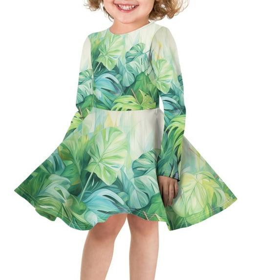 DISNIMO Girls Palm Leaf Dress Girls Size 5-6 Dresses for Girls Long Sleeve Midi Dresses Kids School Dresses for Girls Dance Cute Fall Dresses for Girls Casual Dress Long Sleeve Skater Dress Girls
