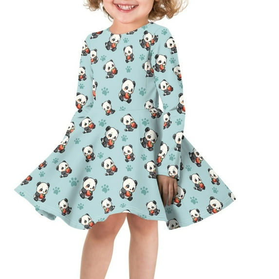 DISNIMO Girls Panda Dress for Girls Size 15-16 Paw Print Dress for Girls Blue Midi Dress for Girls Long Sleeve Dresses for Kids Church for Girls Long Sleeve Twirl Dresses for Teens Girls Fall Dress