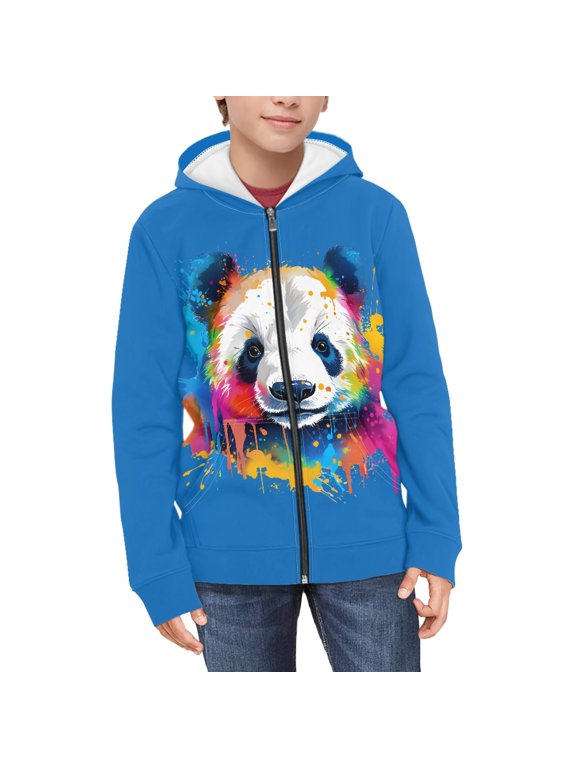 Girls Panda Zip Up Hoodie Kids Blue Hoodie with Zipper for Girls Hoodie Sweatshirts Size 11-13 Childrens Sweatshirt Boys Zip Jacket Girls Animal Print Hoodie Jackets Kids Polyester