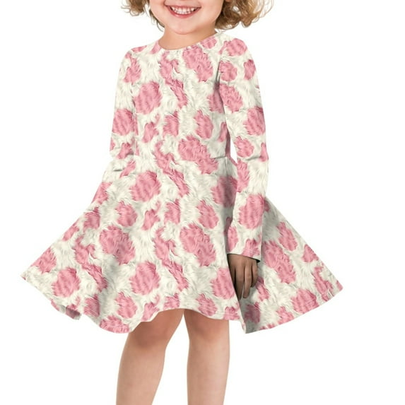 DISNIMO Girls Pink Cow Print Dresses Kids Girls Midi Dress Kids Girls Dresses Winter Long Sleeve Dress for Girls 7-8 Dresses Children Skater Dress Kid Beach Dress for Photoshoot Dress Little Girl