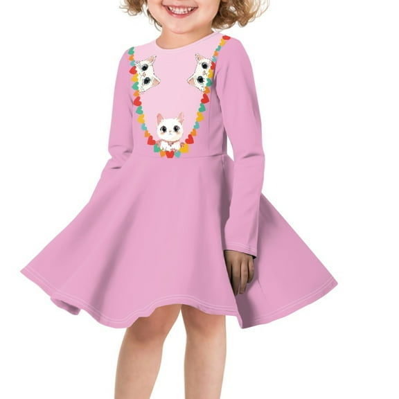 DISNIMO Girls Purple Cat Dress Girls Heart Dress Kids Long Sleeve Skater Dress for Girls 11-12 Casual Midi Dress Girls for School Girl Dress Kids Fall Dresses Photoshoot Dress Girls Casual Dresses