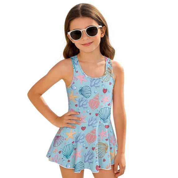 DISNIMO Girls' Sleeveless Swimsuits Starfish Shell Printed One Piece Swimwear Skirted Soft Stretch Swim Dress Quick Dry U Neck Bathing Suit