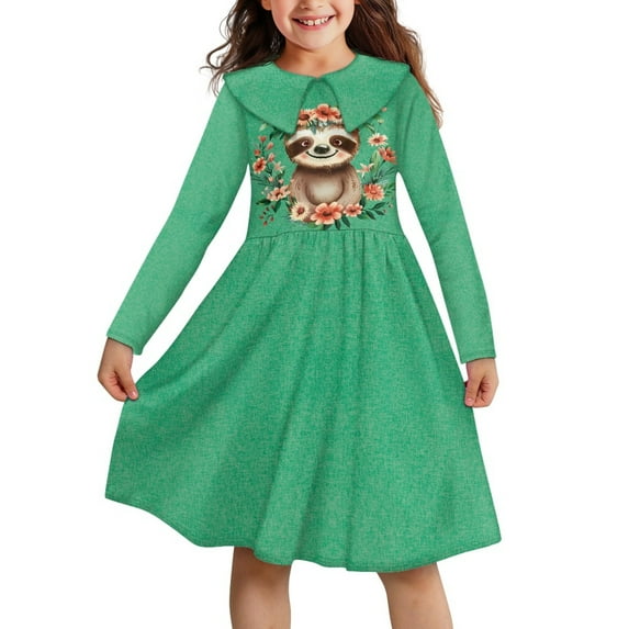 DISNIMO Girls Sloth Dress Girls Casual Long Sleeve Dresses for Girls 13-14 Fall Dress Girl Soft Dresses for Kids Girls Clothes Dresses for Children Long Sleeve Dress for Teens Skater Dress Girl