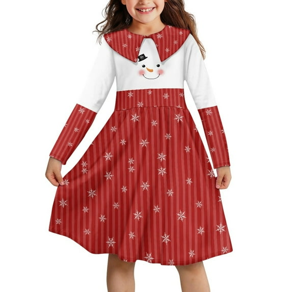 DISNIMO Girls Snowman Dress Kids Christmas Dresses for Girls Snowflake Dress Girls Long Sleeve Midi Dress Kids Girl Dresses 5-6 Years Collared Dresses for Girls Kids Twirly Dress Girls Swing Dress