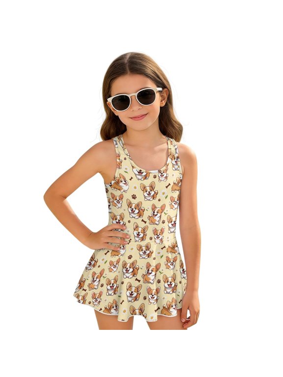 Girls Swimsuit Corgi Paw Print One Piece Swimwear Quick Dry Bathing Suit with Skirts Hawaiian Summer Swim Dress