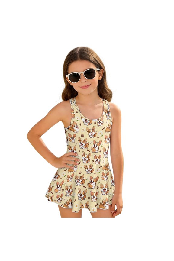Girls Swimsuit Corgi Paw Print One Piece Swimwear Quick Dry Bathing Suit with Skirts Hawaiian Summer Swim Dress