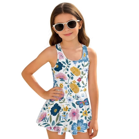 DISNIMO Girls Swimsuits Butterfly Flower Printed One Piece Swimwear with Skirt Sleeveless Breathable Bathing Suit Soft Stretch Swim Dress for Kids Girls