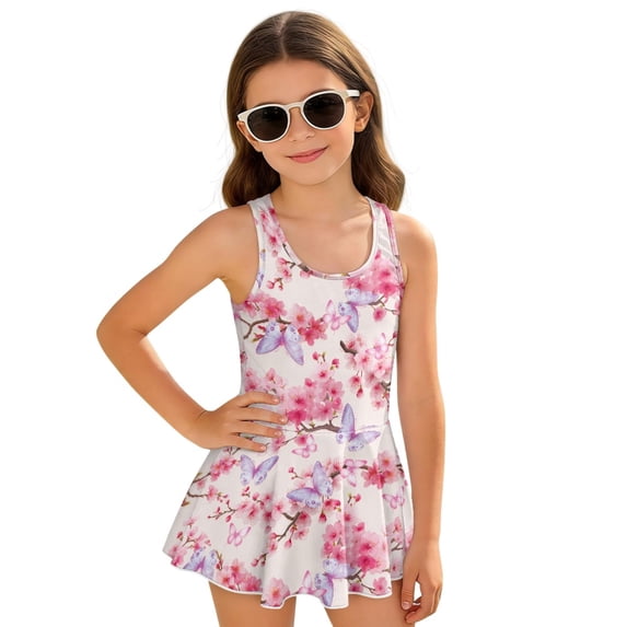 DISNIMO Girls Swimsuits Butterfly Flower Printed Sleeveless U Neck Swimwear Skirted Quick Dry Bathing Suit Soft Stretchy Swim Dress