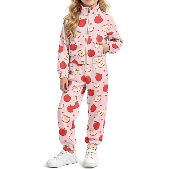 DISNIMO Girls' Tracksuit 2 Piece Full Zip Sweatsuits and Sweatpants Sets, Apple Printed Athletic Sweatsuit Long Sleeve Activewear with Side Pockets Hip Hop Dance Streetwear 80s 90s Style