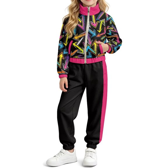DISNIMO Girls Tracksuit 2 Piece Sweatsuit Hip Hop Dance Clothes 4-13 Years, Abstract Geometry Print Zip Up Sweatsuit and Sweatpants with Side Pockets Stand Collar Sportwear Activewear