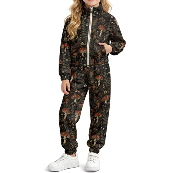 DISNIMO Girls' Tracksuit Full Zip Sweatsuits and Sweatpants Sets, Mushroom Floral Printed Full Zip Sweatsuit Long Sleeve Activewear with Side Pockets Hip Hop Streetwear 80s 90s Style